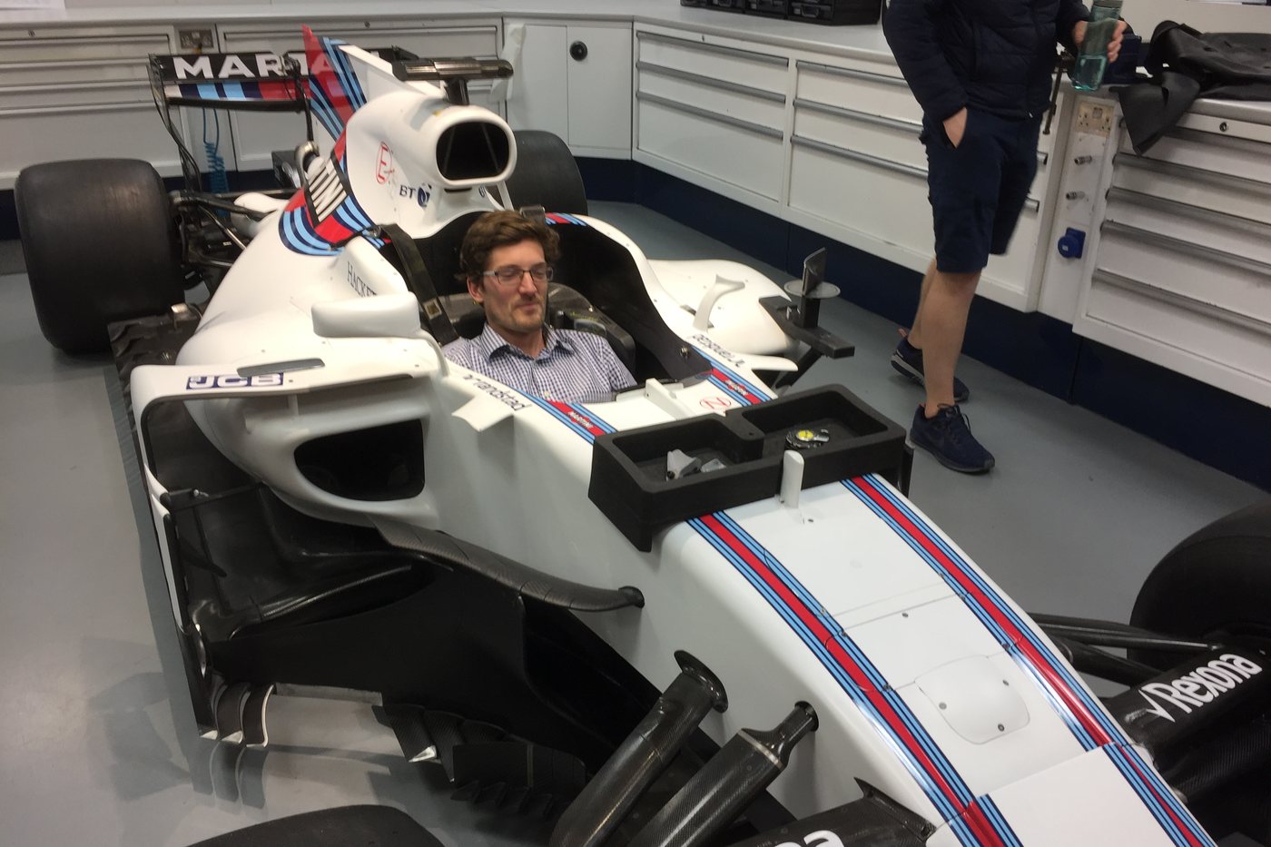 James in a Martini-liveried Williams chassis at the factory